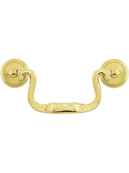 Swan-Neck Brass Banded Bail Pull with Round Rosettes ‚Äì 3 ¬Ω‚Äù Center-to-Center in Un-lacquered Brass.